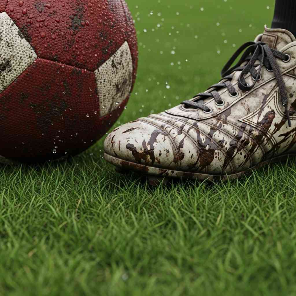 Gros plan sur un ballon de football et une chaussure de joueur sur le terrain