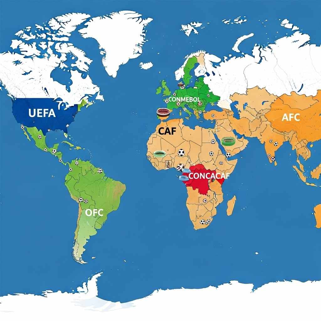 Carte du monde montrant les confédérations de football