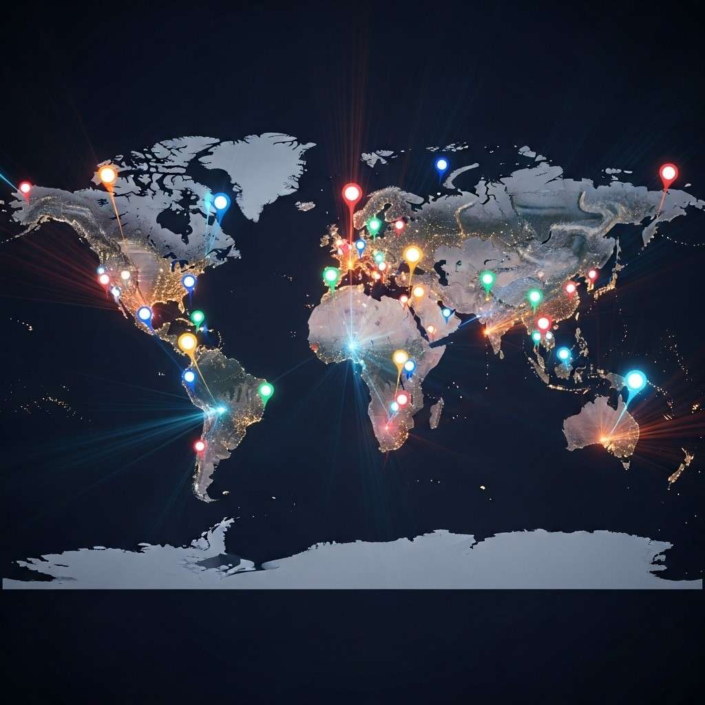 Carte du monde avec des points d'intérêt lumineux symbolisant la tournée de promotion