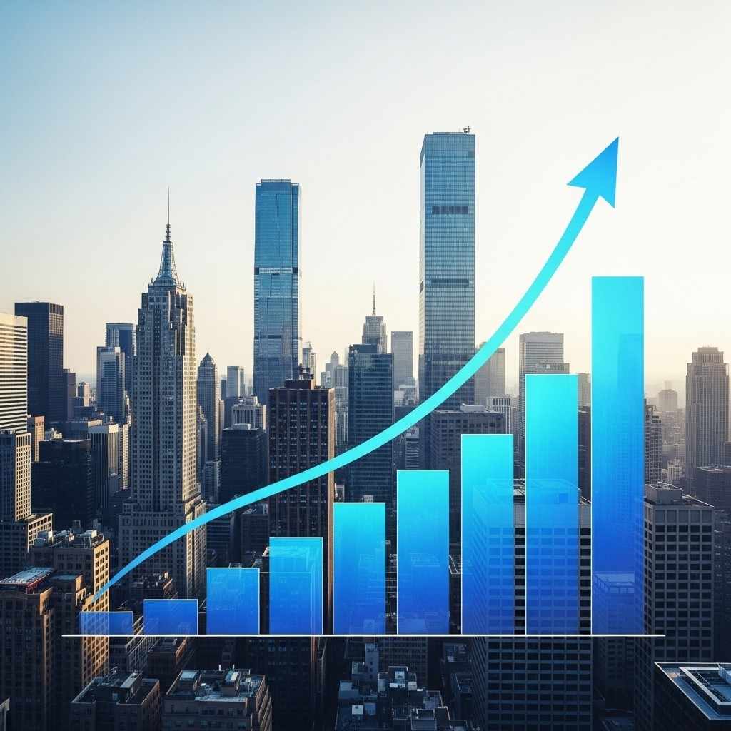 Graphique de croissance économique montrant une flèche ascendante sur fond de ville moderne
