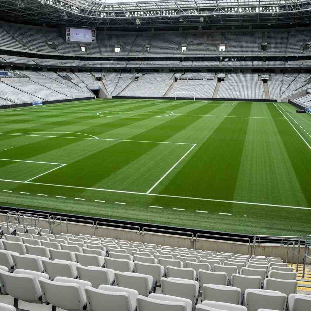 Intérieur d'un stade moderne avec des sièges vides et une pelouse parfaite