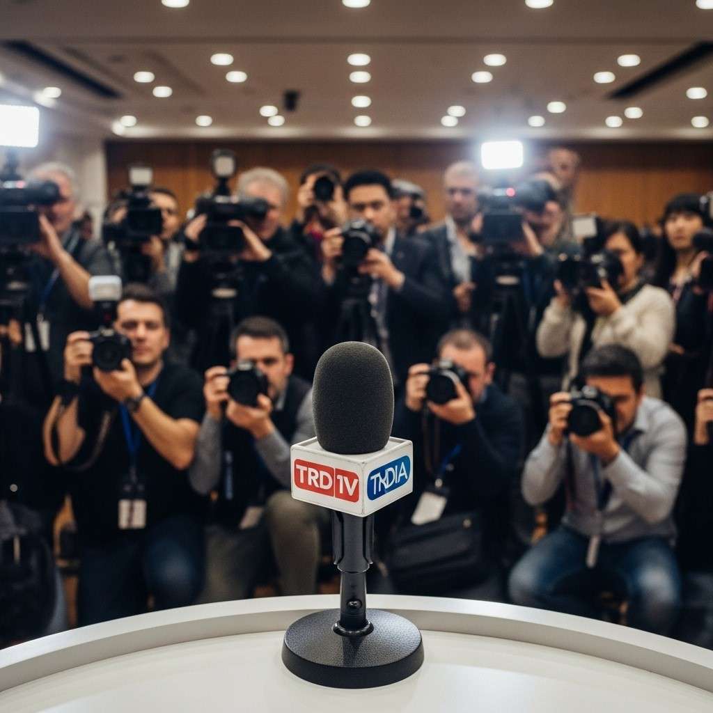 Microphone sur un pupitre de conférence de presse avec des logos flous en arrière-plan