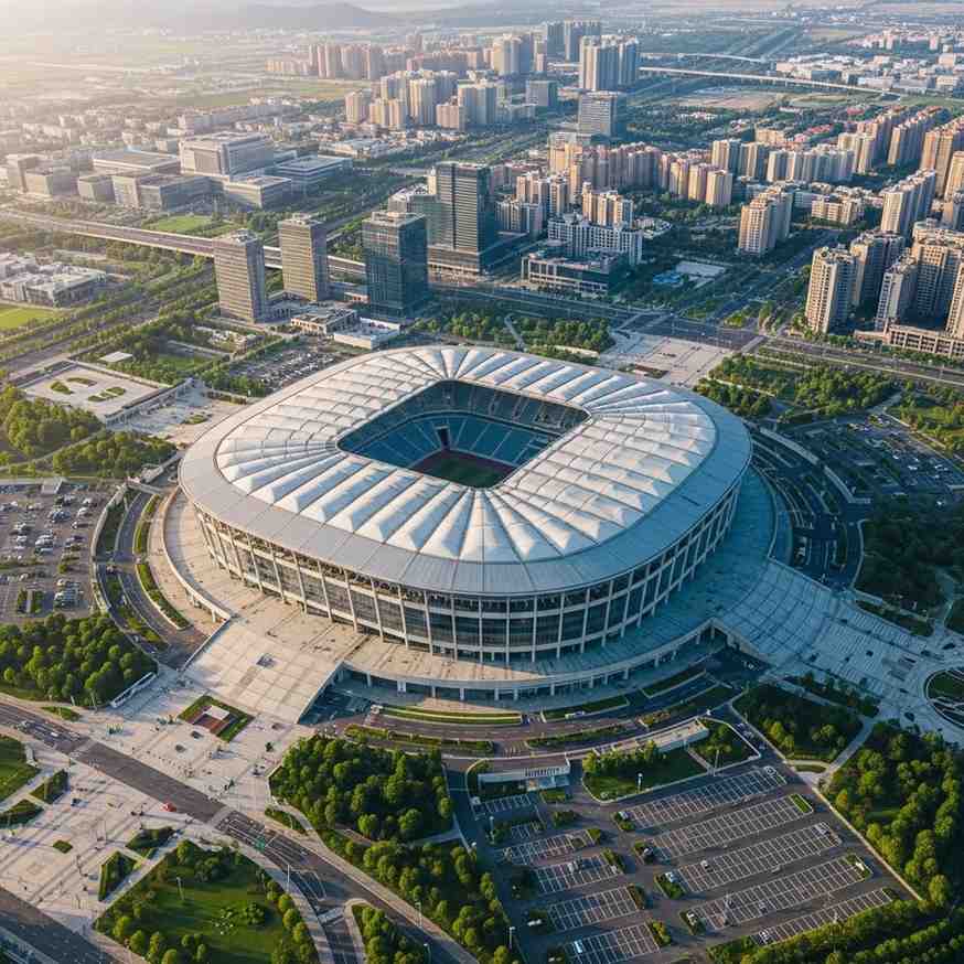 Vue aérienne d'un grand stade de football rempli