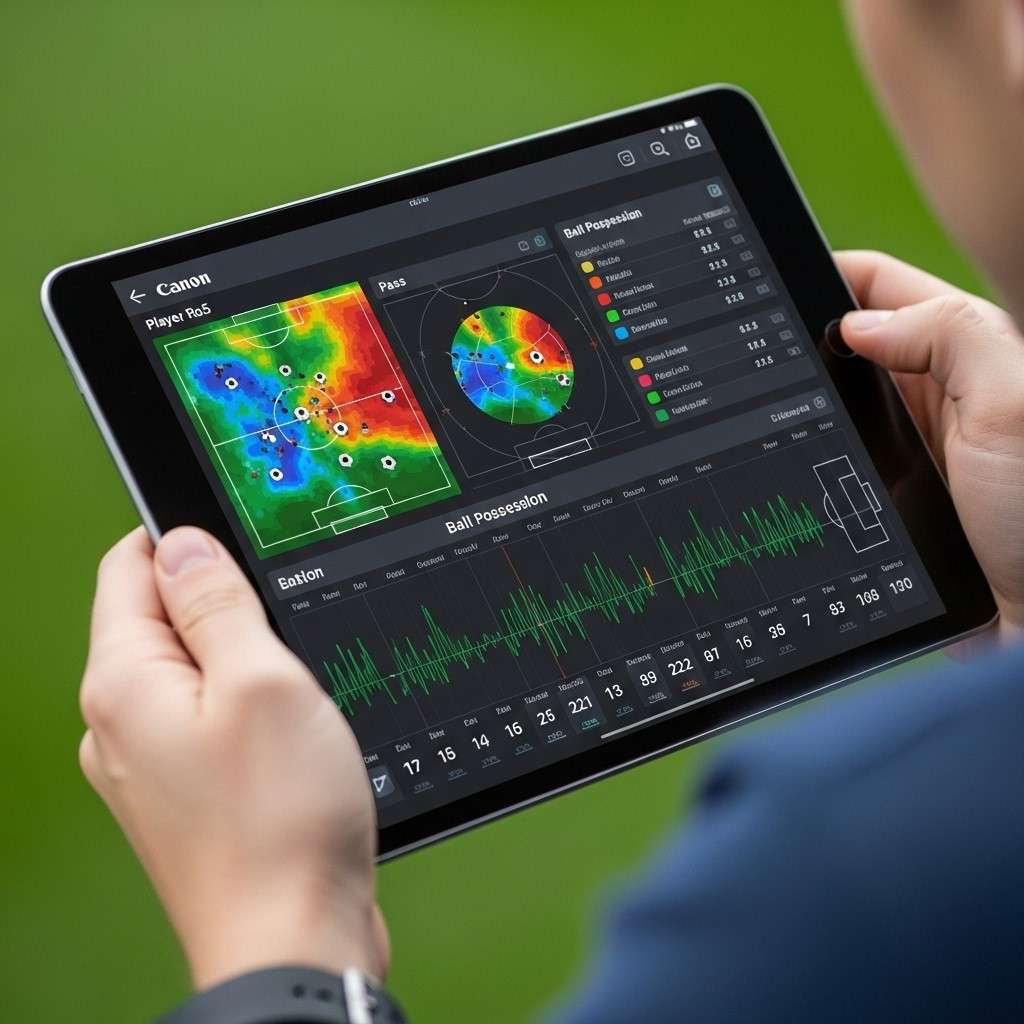 Gros plan sur une tablette affichant des statistiques sportives et des tactiques