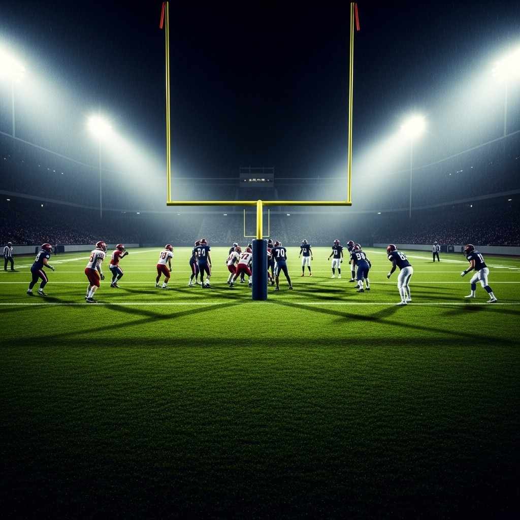 Terrain de football illuminé la nuit avec des effets lumineux numériques
